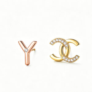 YOUCAN Initial Y & C Asymmetric Diamond Stud Earrings in 18K Gold & Rose Gold
