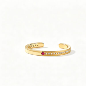 YOUCAN 18K Gold Open Cuff Bangle | Pave Diamond & Ruby Accent Engraved "YOU CAN" Bracelet for Women