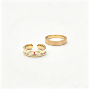 YOUCAN 18K Gold Couple Ring Set | "YOU CAN" Engraved Pave Diamond & Ruby Open Cuff Ring for Men & Women