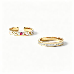 YOUCAN 18K Gold Couple Ring Set | "YOU CAN" Engraved Ruby Open Cuff Ring + Pave Diamond Band Ring for Men & Women