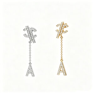 Women's Asymmetric Drop Earrings, Double C Logo & A Letter Design Gold Tassel Earrings, Hypoallergenic Jewelry Gift