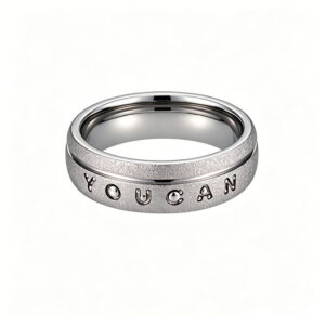 YOUCAN Custom Brand Mens Ring - Frosted Matte Silver Band Inlaid Logo, Minimalist Casual Jewelry for Men