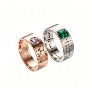 Custom Engraved Couple Rings Set - 18K Rose Gold & white gold Matching Promise Rings with Cat & Coordinate Design, Birthstone Inlaid Wedding Bands for Lovers
